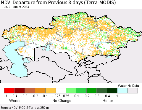Kazakhstan NDVI Departure from Previous 8-days (Terra-MODIS) Thematic Map For 6/2/2023 - 6/9/2023