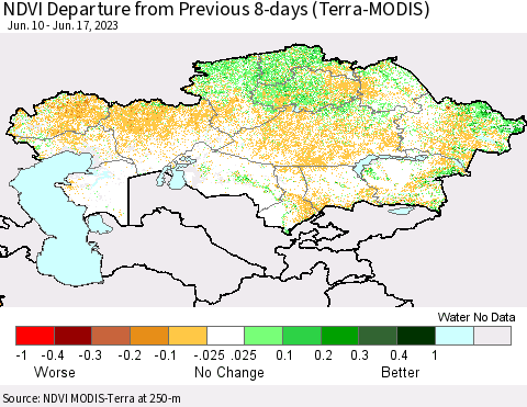 Kazakhstan NDVI Departure from Previous 8-days (Terra-MODIS) Thematic Map For 6/10/2023 - 6/17/2023