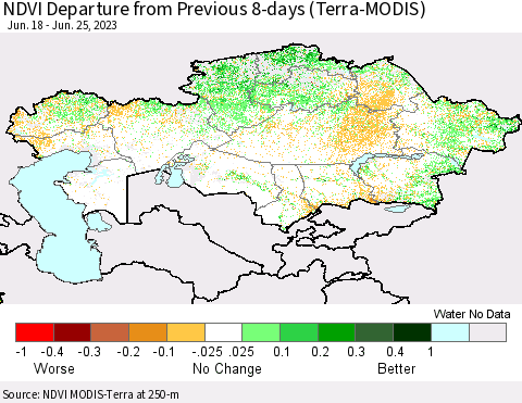 Kazakhstan NDVI Departure from Previous 8-days (Terra-MODIS) Thematic Map For 6/18/2023 - 6/25/2023