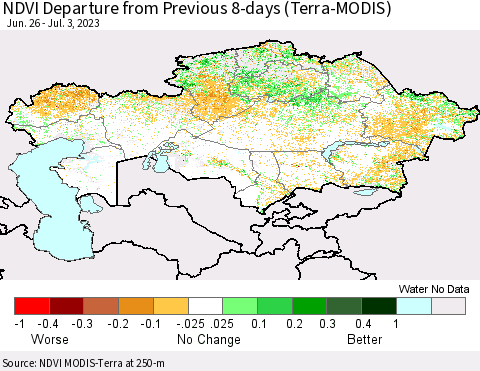 Kazakhstan NDVI Departure from Previous 8-days (Terra-MODIS) Thematic Map For 6/26/2023 - 7/3/2023