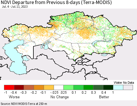 Kazakhstan NDVI Departure from Previous 8-days (Terra-MODIS) Thematic Map For 7/4/2023 - 7/11/2023