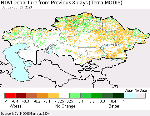 Kazakhstan NDVI Departure from Previous 8-days (Terra-MODIS) Thematic Map For 7/12/2023 - 7/19/2023
