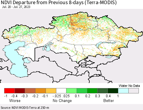 Kazakhstan NDVI Departure from Previous 8-days (Terra-MODIS) Thematic Map For 7/20/2023 - 7/27/2023