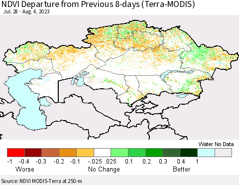 Kazakhstan NDVI Departure from Previous 8-days (Terra-MODIS) Thematic Map For 7/28/2023 - 8/4/2023