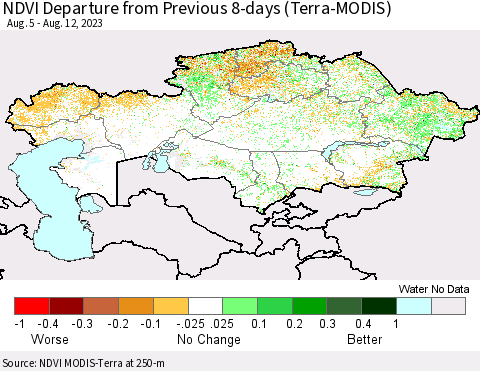 Kazakhstan NDVI Departure from Previous 8-days (Terra-MODIS) Thematic Map For 8/5/2023 - 8/12/2023