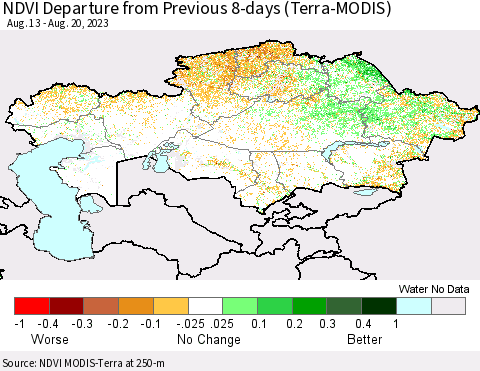 Kazakhstan NDVI Departure from Previous 8-days (Terra-MODIS) Thematic Map For 8/13/2023 - 8/20/2023