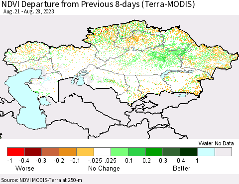 Kazakhstan NDVI Departure from Previous 8-days (Terra-MODIS) Thematic Map For 8/21/2023 - 8/28/2023