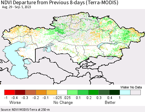 Kazakhstan NDVI Departure from Previous 8-days (Terra-MODIS) Thematic Map For 8/29/2023 - 9/5/2023