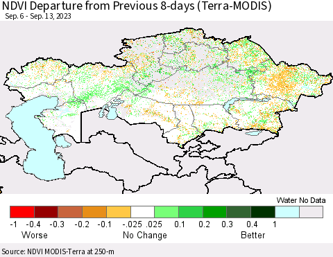 Kazakhstan NDVI Departure from Previous 8-days (Terra-MODIS) Thematic Map For 9/6/2023 - 9/13/2023