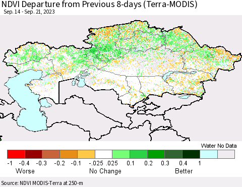 Kazakhstan NDVI Departure from Previous 8-days (Terra-MODIS) Thematic Map For 9/14/2023 - 9/21/2023