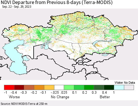 Kazakhstan NDVI Departure from Previous 8-days (Terra-MODIS) Thematic Map For 9/22/2023 - 9/29/2023