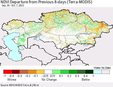 Kazakhstan NDVI Departure from Previous 8-days (Terra-MODIS) Thematic Map For 9/30/2023 - 10/7/2023