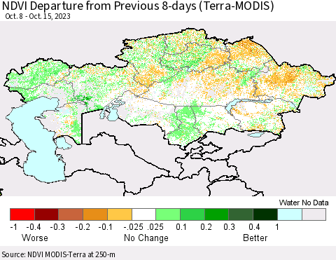 Kazakhstan NDVI Departure from Previous 8-days (Terra-MODIS) Thematic Map For 10/8/2023 - 10/15/2023