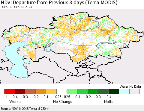 Kazakhstan NDVI Departure from Previous 8-days (Terra-MODIS) Thematic Map For 10/16/2023 - 10/23/2023