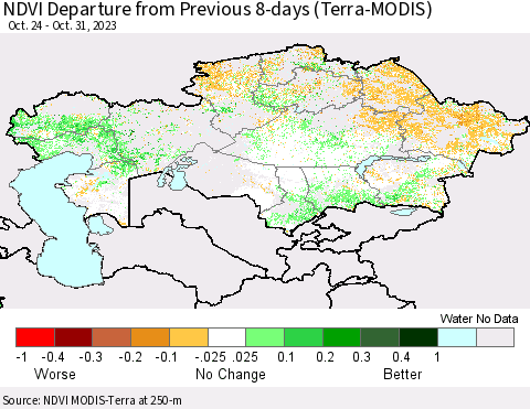 Kazakhstan NDVI Departure from Previous 8-days (Terra-MODIS) Thematic Map For 10/24/2023 - 10/31/2023