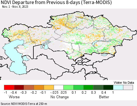 Kazakhstan NDVI Departure from Previous 8-days (Terra-MODIS) Thematic Map For 11/1/2023 - 11/8/2023