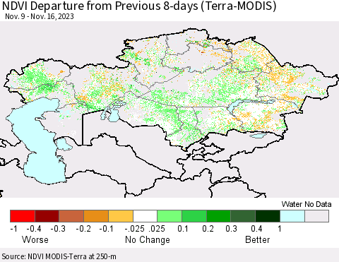Kazakhstan NDVI Departure from Previous 8-days (Terra-MODIS) Thematic Map For 11/9/2023 - 11/16/2023