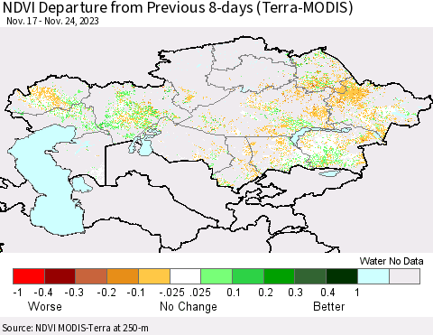 Kazakhstan NDVI Departure from Previous 8-days (Terra-MODIS) Thematic Map For 11/17/2023 - 11/24/2023