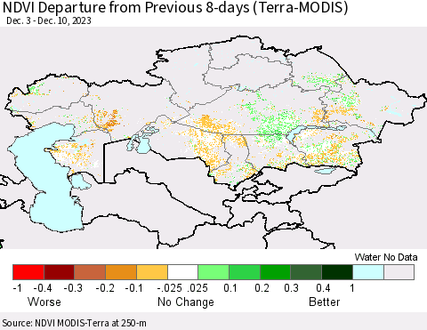 Kazakhstan NDVI Departure from Previous 8-days (Terra-MODIS) Thematic Map For 12/3/2023 - 12/10/2023