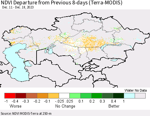 Kazakhstan NDVI Departure from Previous 8-days (Terra-MODIS) Thematic Map For 12/11/2023 - 12/18/2023