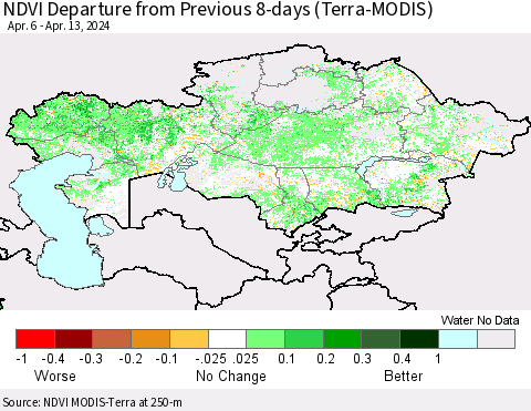 Kazakhstan NDVI Departure from Previous 8-days (Terra-MODIS) Thematic Map For 4/6/2024 - 4/13/2024