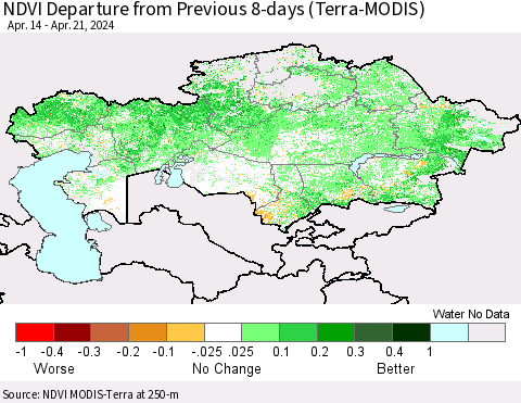 Kazakhstan NDVI Departure from Previous 8-days (Terra-MODIS) Thematic Map For 4/14/2024 - 4/21/2024