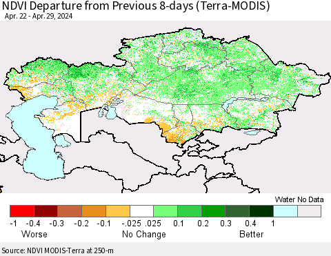 Kazakhstan NDVI Departure from Previous 8-days (Terra-MODIS) Thematic Map For 4/22/2024 - 4/29/2024