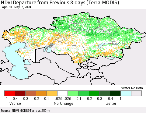 Kazakhstan NDVI Departure from Previous 8-days (Terra-MODIS) Thematic Map For 4/30/2024 - 5/7/2024