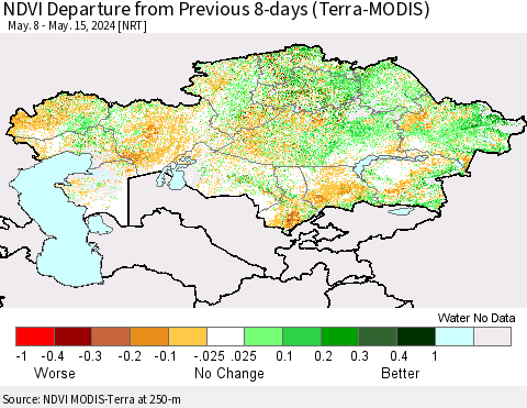 Kazakhstan NDVI Departure from Previous 8-days (Terra-MODIS) Thematic Map For 5/8/2024 - 5/15/2024