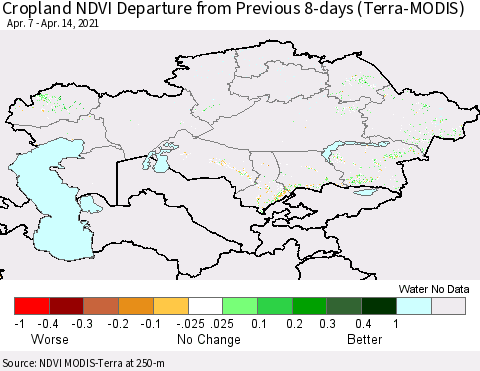 Kazakhstan Cropland NDVI Departure from Previous 8-days (Terra-MODIS) Thematic Map For 4/7/2021 - 4/14/2021