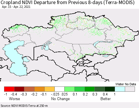 Kazakhstan Cropland NDVI Departure from Previous 8-days (Terra-MODIS) Thematic Map For 4/15/2021 - 4/22/2021