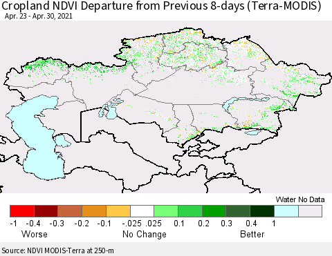 Kazakhstan Cropland NDVI Departure from Previous 8-days (Terra-MODIS) Thematic Map For 4/23/2021 - 4/30/2021
