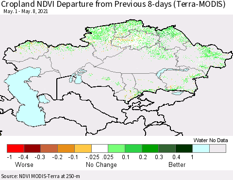 Kazakhstan Cropland NDVI Departure from Previous 8-days (Terra-MODIS) Thematic Map For 5/1/2021 - 5/8/2021