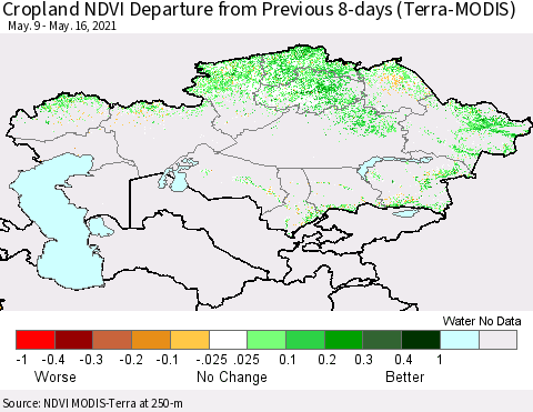 Kazakhstan Cropland NDVI Departure from Previous 8-days (Terra-MODIS) Thematic Map For 5/9/2021 - 5/16/2021