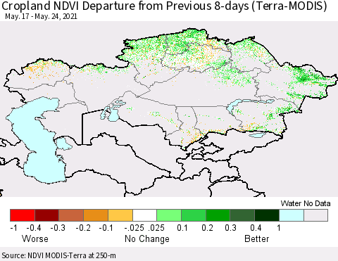 Kazakhstan Cropland NDVI Departure from Previous 8-days (Terra-MODIS) Thematic Map For 5/17/2021 - 5/24/2021