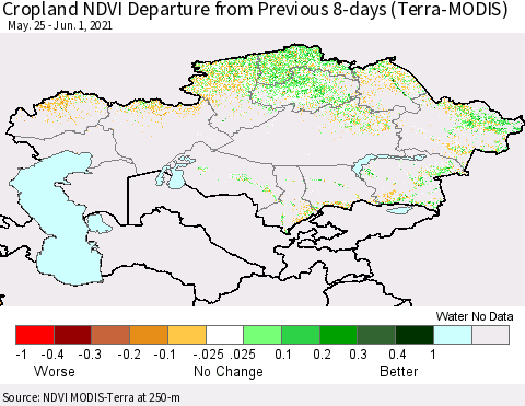 Kazakhstan Cropland NDVI Departure from Previous 8-days (Terra-MODIS) Thematic Map For 5/25/2021 - 6/1/2021