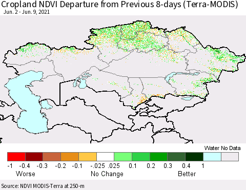Kazakhstan Cropland NDVI Departure from Previous 8-days (Terra-MODIS) Thematic Map For 6/2/2021 - 6/9/2021