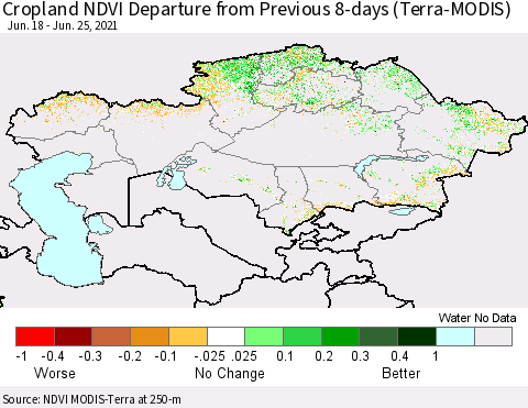 Kazakhstan Cropland NDVI Departure from Previous 8-days (Terra-MODIS) Thematic Map For 6/18/2021 - 6/25/2021