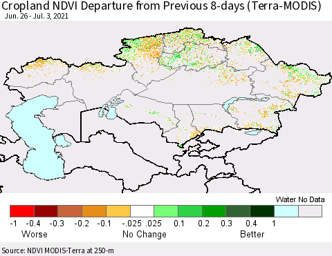 Kazakhstan Cropland NDVI Departure from Previous 8-days (Terra-MODIS) Thematic Map For 6/26/2021 - 7/3/2021