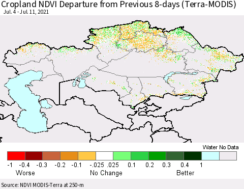 Kazakhstan Cropland NDVI Departure from Previous 8-days (Terra-MODIS) Thematic Map For 7/4/2021 - 7/11/2021