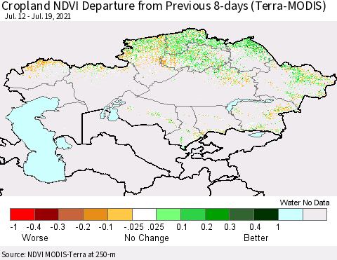 Kazakhstan Cropland NDVI Departure from Previous 8-days (Terra-MODIS) Thematic Map For 7/12/2021 - 7/19/2021
