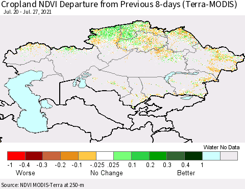 Kazakhstan Cropland NDVI Departure from Previous 8-days (Terra-MODIS) Thematic Map For 7/20/2021 - 7/27/2021