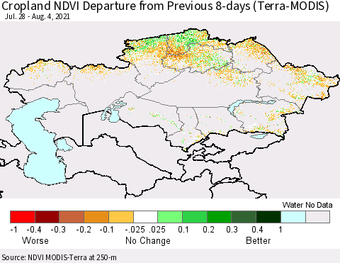 Kazakhstan Cropland NDVI Departure from Previous 8-days (Terra-MODIS) Thematic Map For 7/28/2021 - 8/4/2021