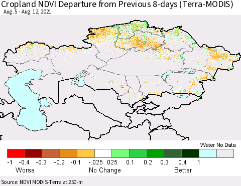 Kazakhstan Cropland NDVI Departure from Previous 8-days (Terra-MODIS) Thematic Map For 8/5/2021 - 8/12/2021