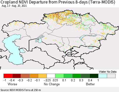 Kazakhstan Cropland NDVI Departure from Previous 8-days (Terra-MODIS) Thematic Map For 8/13/2021 - 8/20/2021