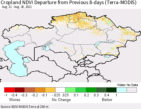 Kazakhstan Cropland NDVI Departure from Previous 8-days (Terra-MODIS) Thematic Map For 8/21/2021 - 8/28/2021