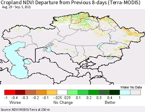 Kazakhstan Cropland NDVI Departure from Previous 8-days (Terra-MODIS) Thematic Map For 8/29/2021 - 9/5/2021
