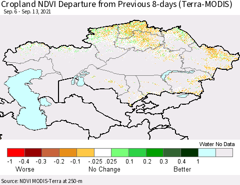 Kazakhstan Cropland NDVI Departure from Previous 8-days (Terra-MODIS) Thematic Map For 9/6/2021 - 9/13/2021