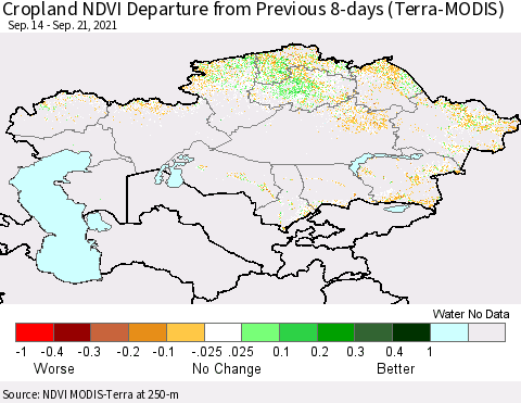 Kazakhstan Cropland NDVI Departure from Previous 8-days (Terra-MODIS) Thematic Map For 9/14/2021 - 9/21/2021