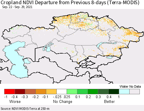Kazakhstan Cropland NDVI Departure from Previous 8-days (Terra-MODIS) Thematic Map For 9/22/2021 - 9/29/2021
